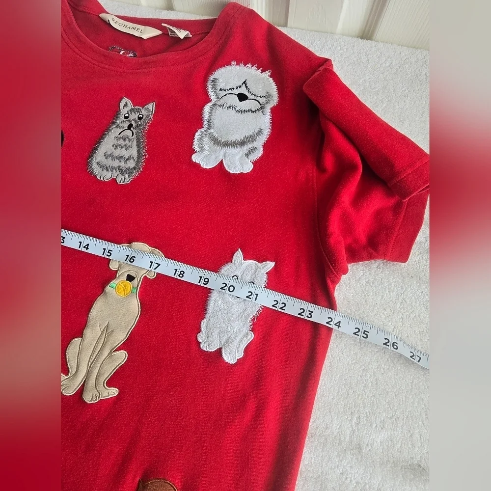 Bechamel Womens T-Shirt Size L Red Short Sleeve Dog Puppies Tee 100% Cotton.